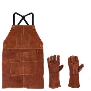 Apron Leather Welding Work Apron & Gloves Set